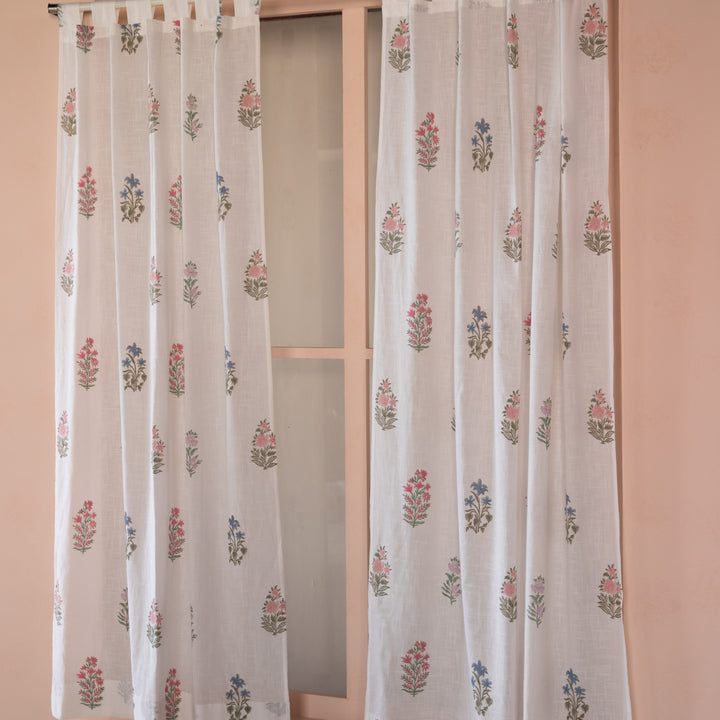 Pink &amp; Green Multi Buti Noor Blockprint Cotton Slub Curtain-Curtains-House of Ekam