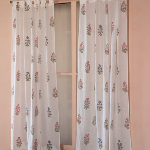 Pink & Green Multi Buti Noor Blockprint Cotton Slub Curtain-Curtains-House of Ekam