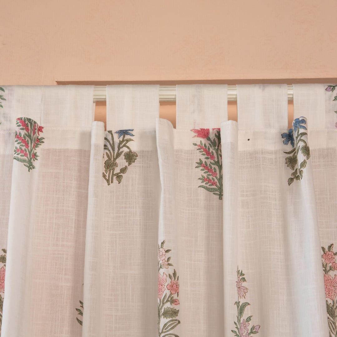 Pink &amp; Green Multi Buti Noor Blockprint Cotton Slub Curtain-Curtains-House of Ekam