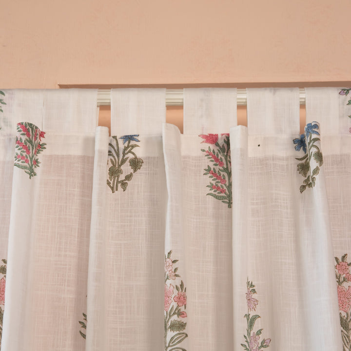 Pink &amp; Green Multi Buti Noor Blockprint Cotton Slub Curtain-Curtains-House of Ekam