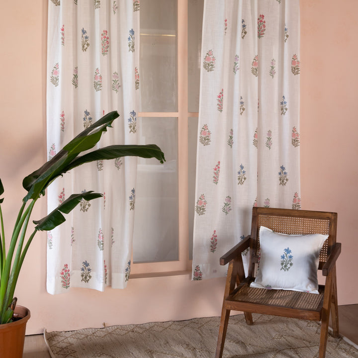 Pink &amp; Green Multi Buti Noor Blockprint Cotton Slub Curtain-Curtains-House of Ekam
