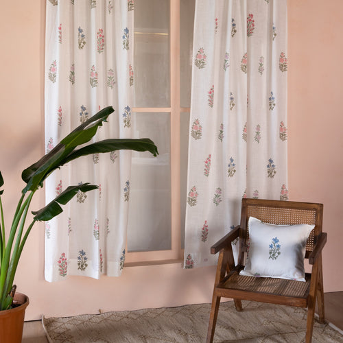 Pink & Green Multi Buti Noor Blockprint Cotton Slub Curtain-Curtains-House of Ekam