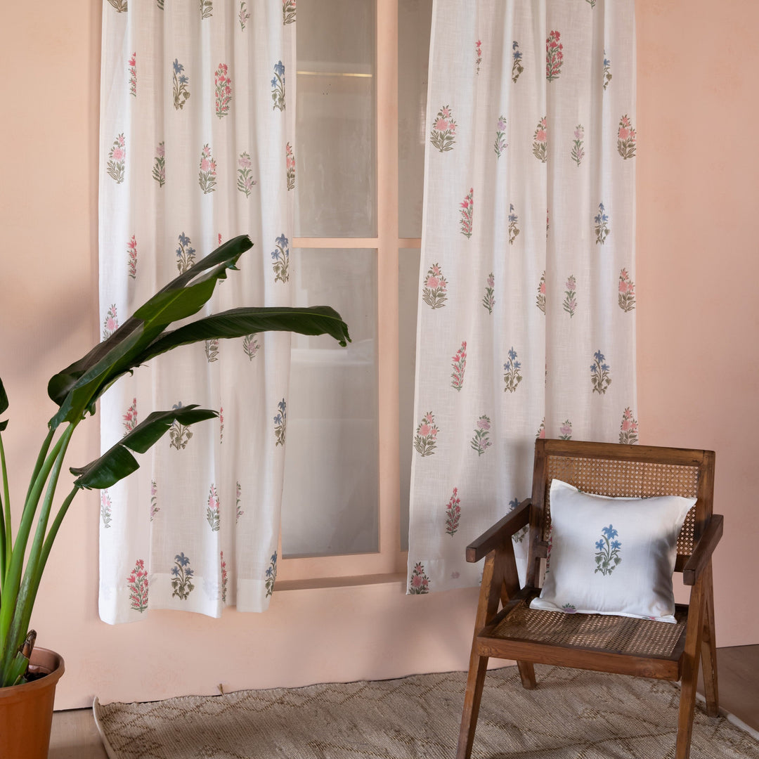Pink &amp; Green Multi Buti Noor Blockprint Cotton Slub Curtain-Curtains-House of Ekam