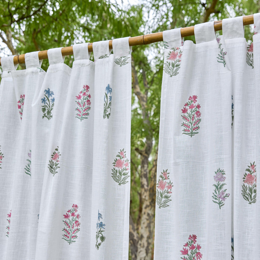 Pink &amp; Green Multi Buti Noor Blockprint Cotton Slub Curtain-Curtains-House of Ekam