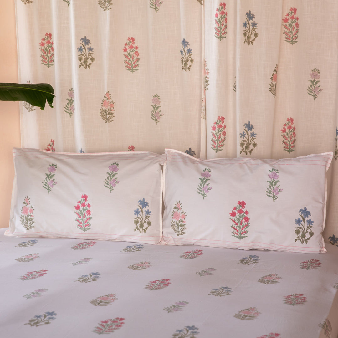 Pink &amp; Green Multi Buti Noor Blockprint Double Bedsheet With Pillow Cover-Bedsheets-House of Ekam