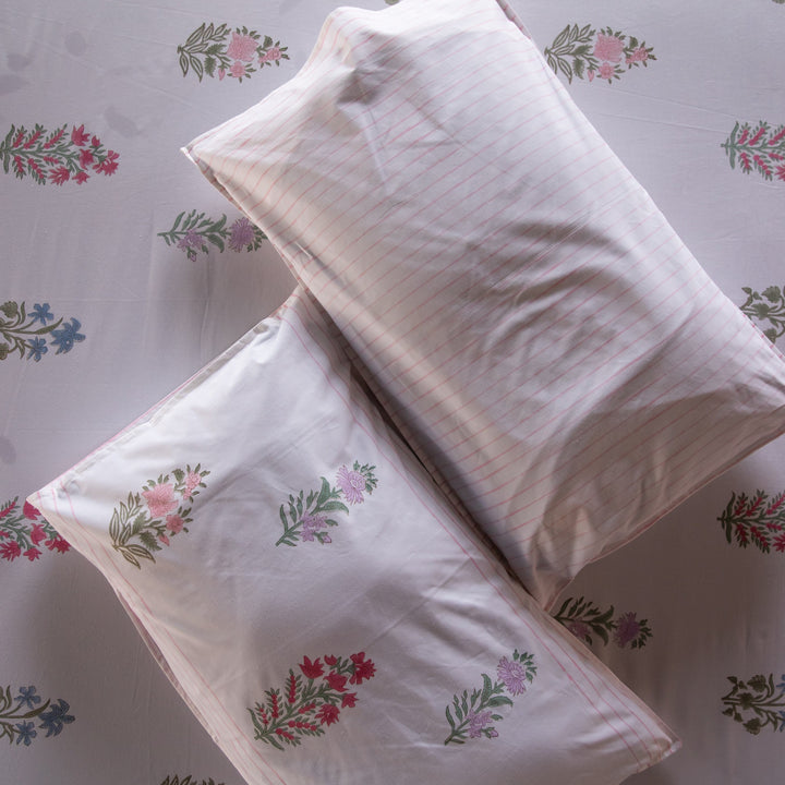 Pink &amp; Green Multi Buti Noor Blockprint Double Bedsheet With Pillow Cover-Bedsheets-House of Ekam