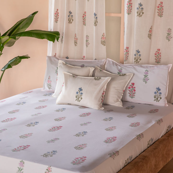 Pink &amp; Green Multi Buti Noor Blockprint Double Bedsheet With Pillow Cover-Bedsheets-House of Ekam