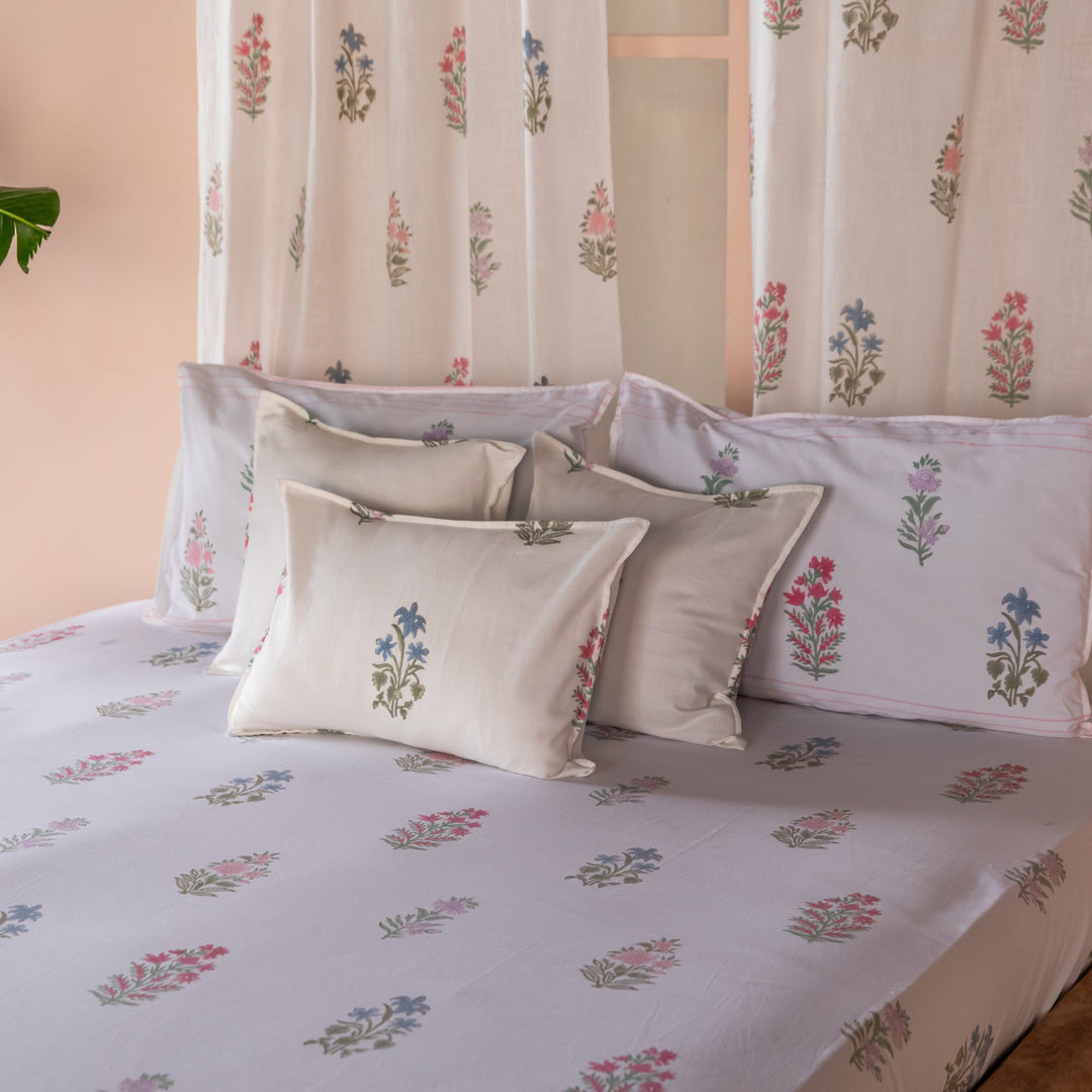 Pink &amp; Green Multi Buti Noor Blockprint Double Bedsheet With Pillow Cover-Bedsheets-House of Ekam