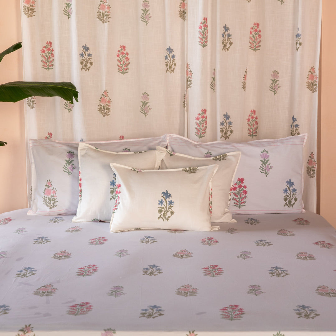 Pink &amp; Green Multi Buti Noor Blockprint Double Bedsheet With Pillow Cover-Bedsheets-House of Ekam
