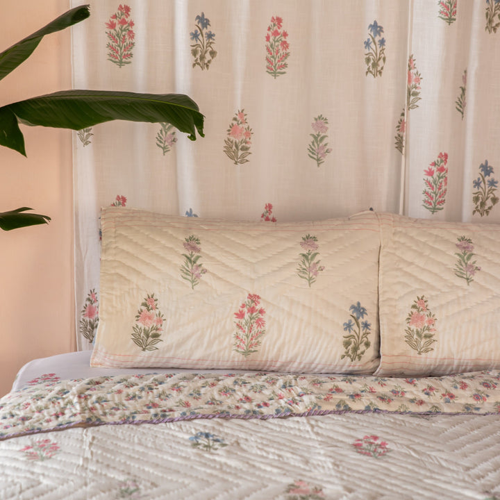 Pink &amp; Green Multi Buti Noor Blockprint Quilt Set-Quilt sets-House of Ekam