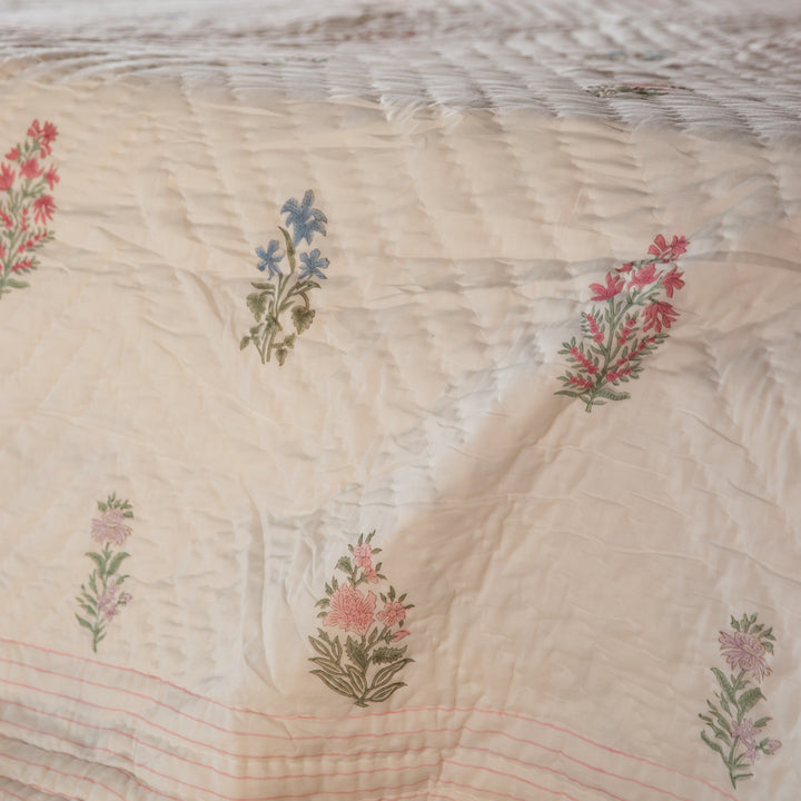 Pink &amp; Green Multi Buti Noor Blockprint Quilt Set-Quilt sets-House of Ekam
