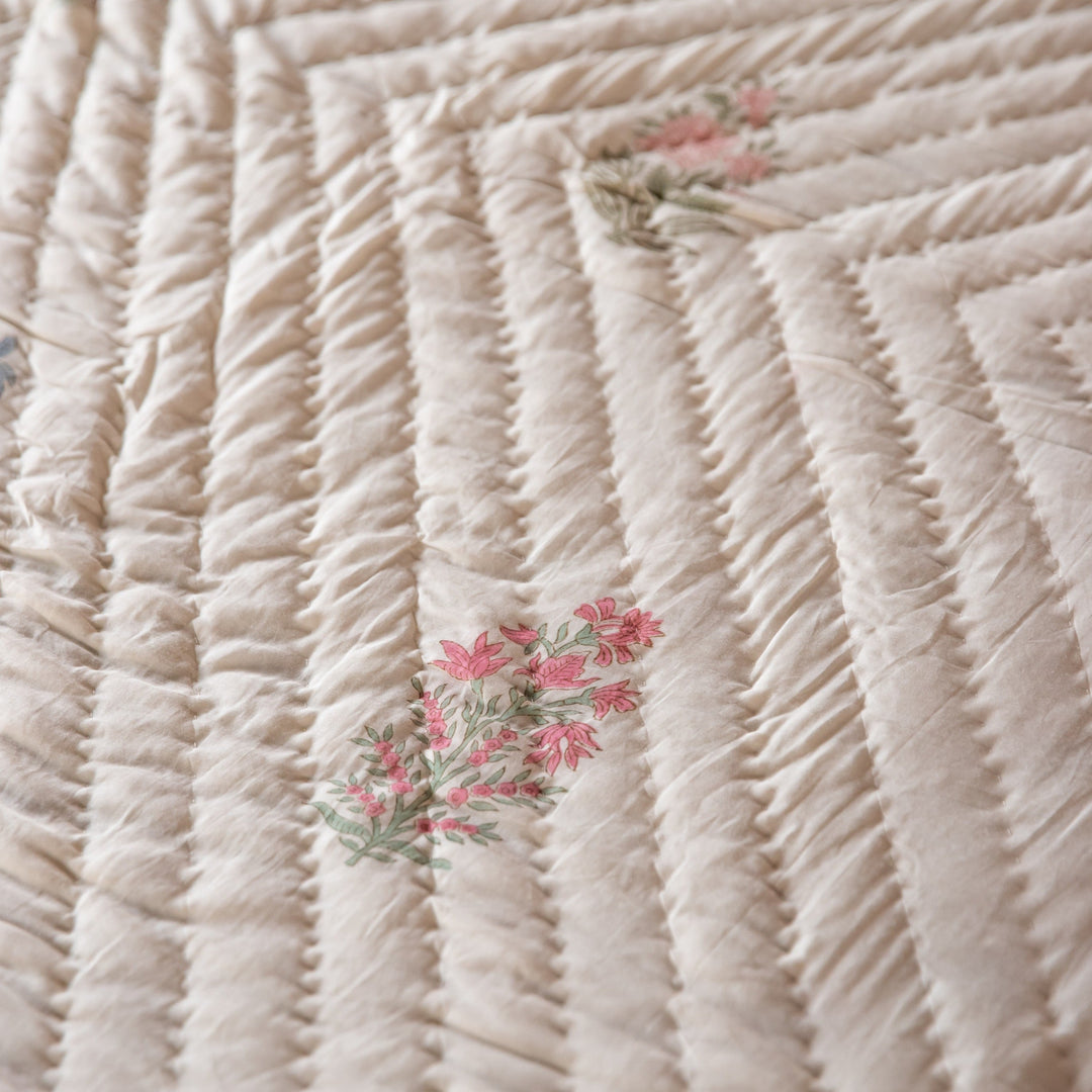 Pink &amp; Green Multi Buti Noor Blockprint Quilt Set-Quilt sets-House of Ekam