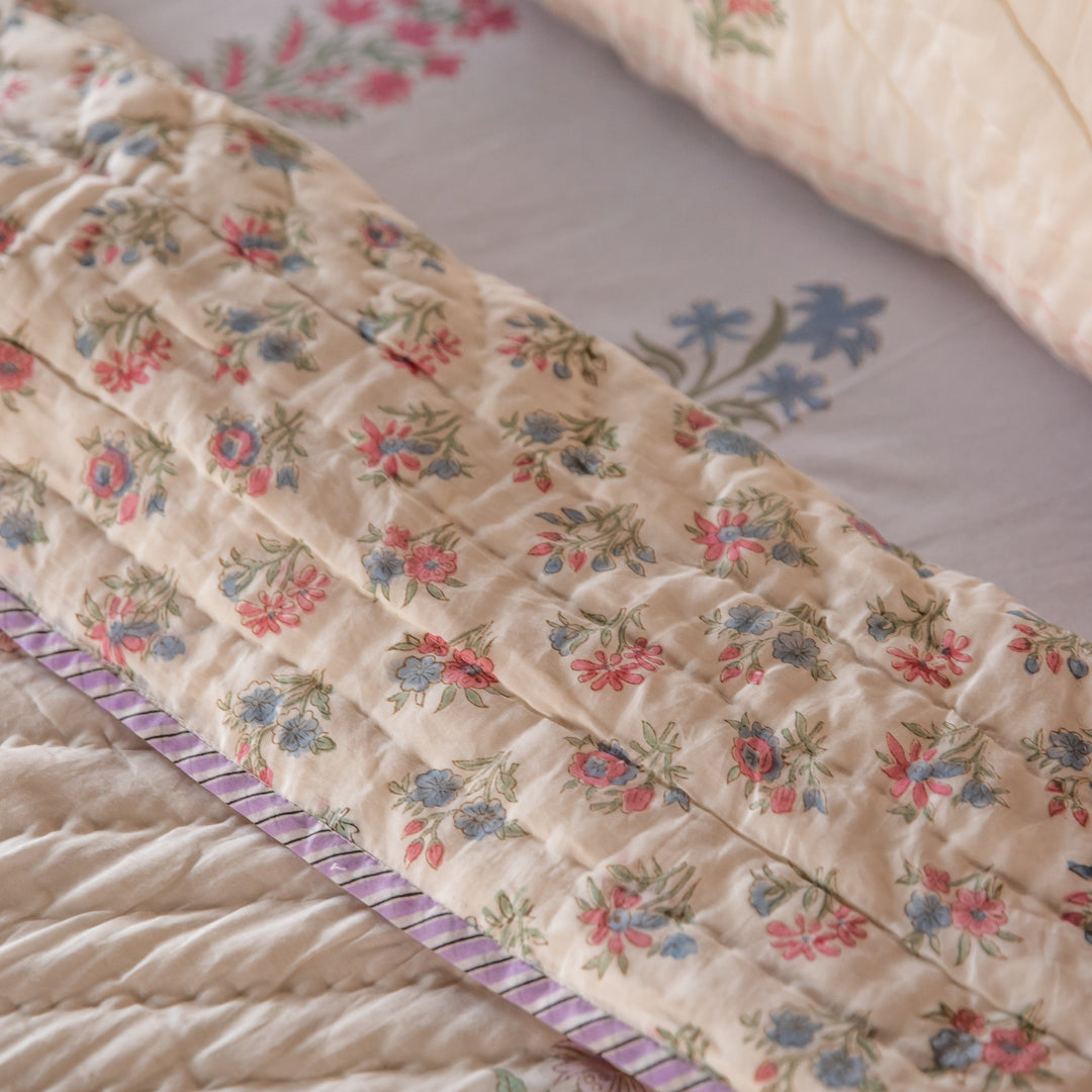 Pink &amp; Green Multi Buti Noor Blockprint Quilt Set-Quilt sets-House of Ekam