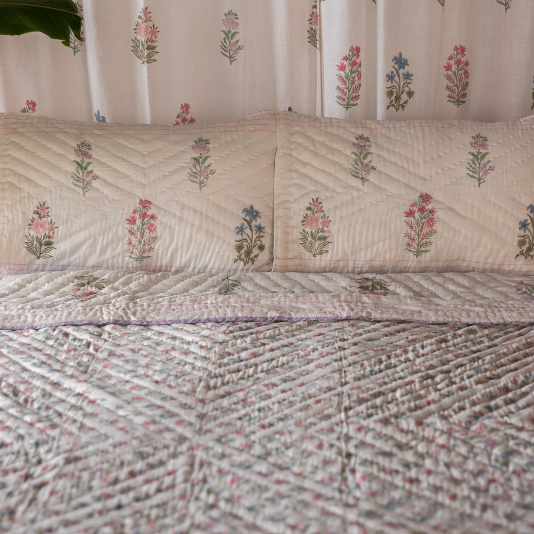 Pink &amp; Green Multi Buti Noor Blockprint Quilt Set-Quilt sets-House of Ekam