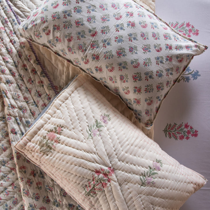 Pink &amp; Green Multi Buti Noor Blockprint Quilt Set-Quilt sets-House of Ekam