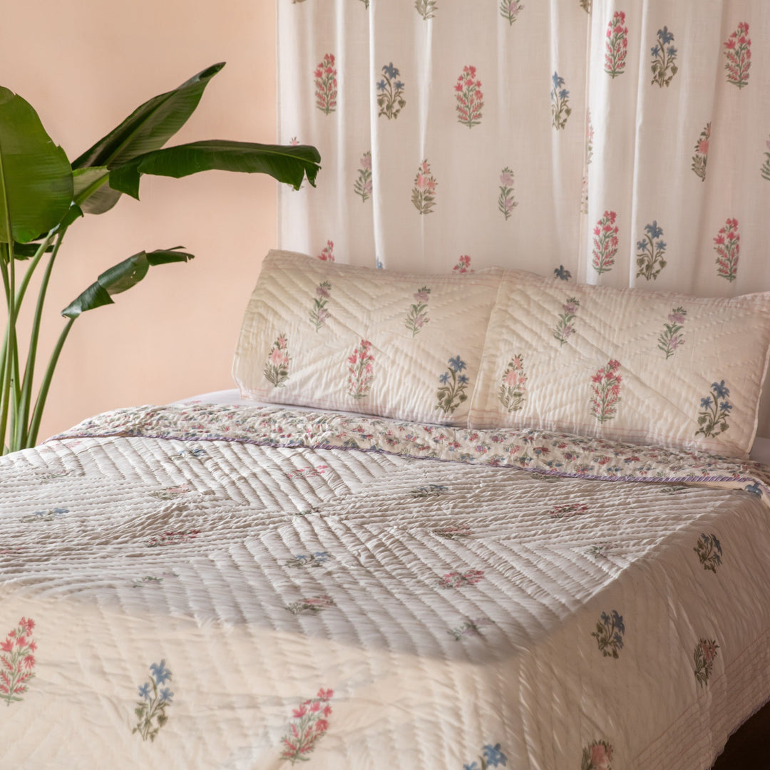 Pink &amp; Green Multi Buti Noor Blockprint Quilt Set-Quilt sets-House of Ekam