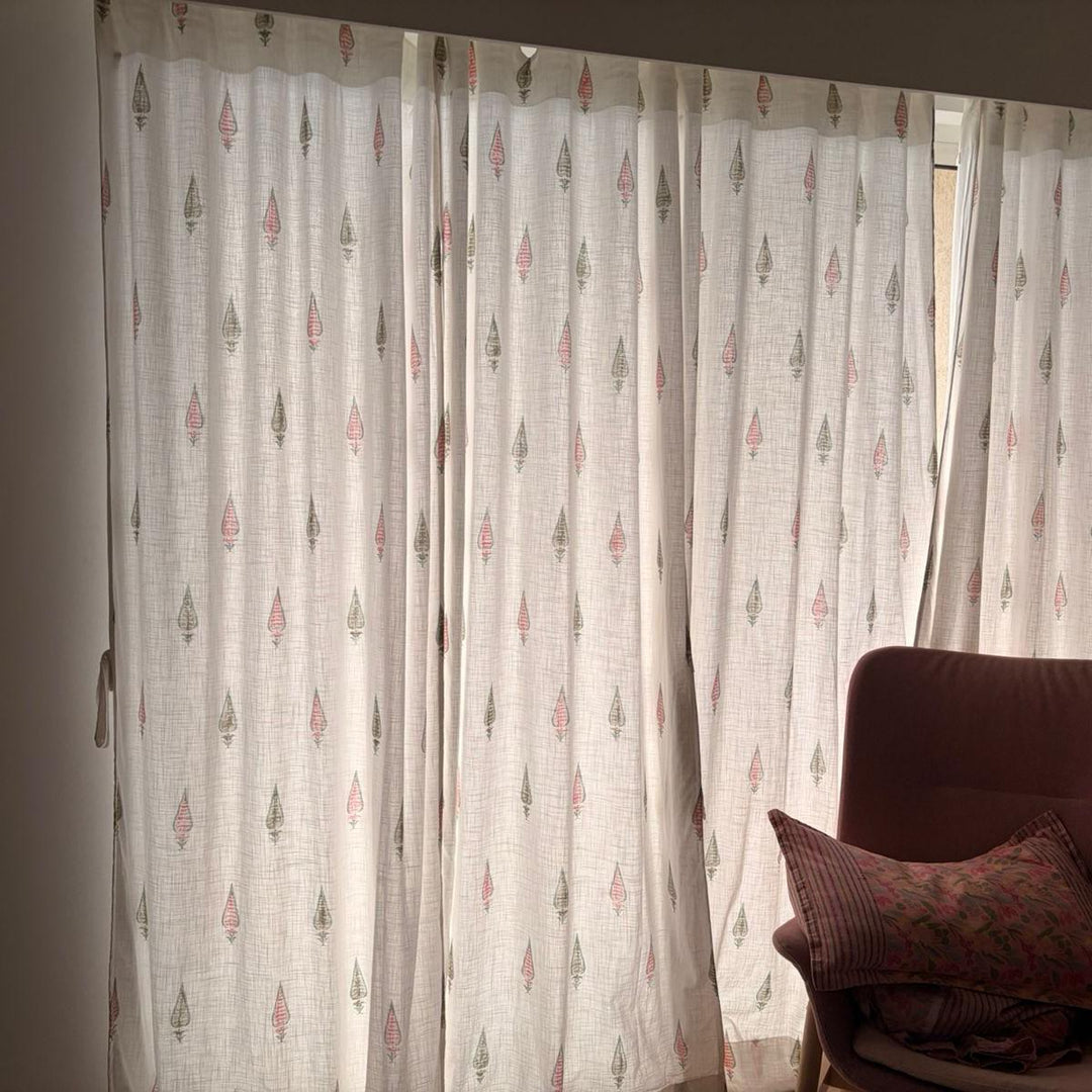 Pink &amp; Green Multi Tilak Blockprint Cotton Slub Curtain-Curtains-House of Ekam
