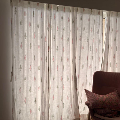 Pink & Green Multi Tilak Blockprint Cotton Slub Curtain-Curtains-House of Ekam