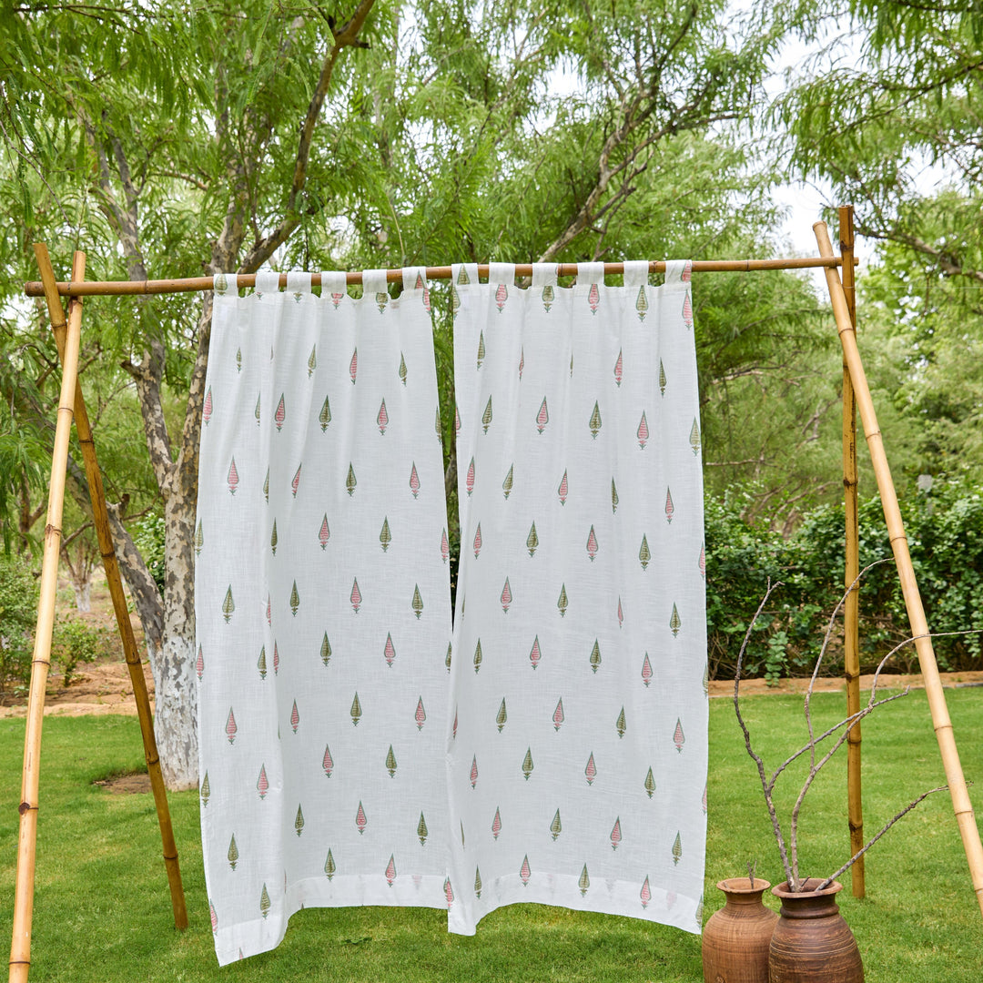 Pink &amp; Green Multi Tilak Blockprint Cotton Slub Curtain-Curtains-House of Ekam