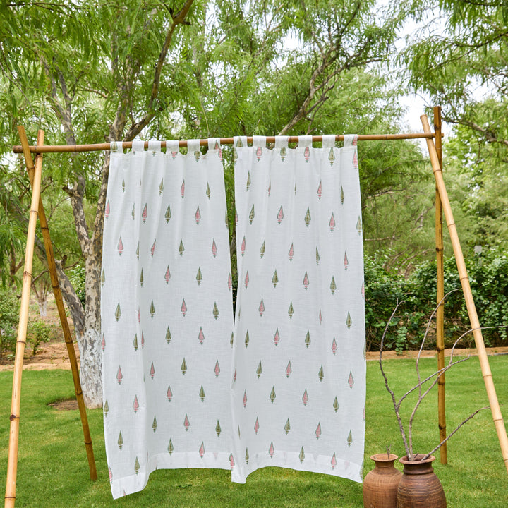 Pink &amp; Green Multi Tilak Blockprint Cotton Slub Curtain-Curtains-House of Ekam