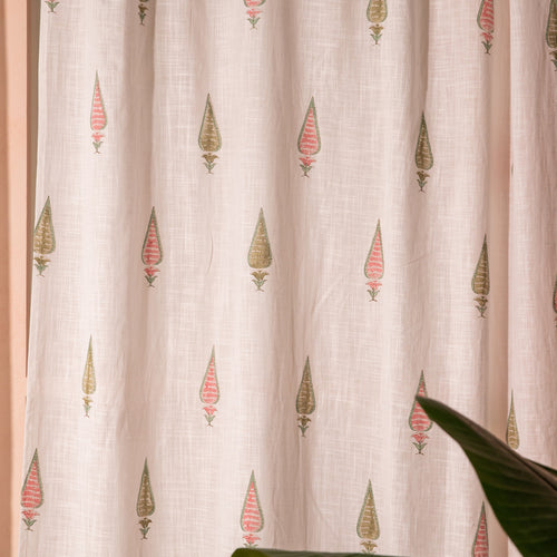 Pink & Green Multi Tilak Blockprint Cotton Slub Curtain-Curtains-House of Ekam