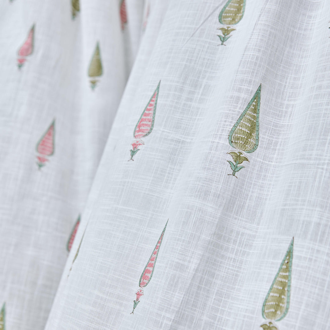 Pink &amp; Green Multi Tilak Blockprint Cotton Slub Curtain-Curtains-House of Ekam