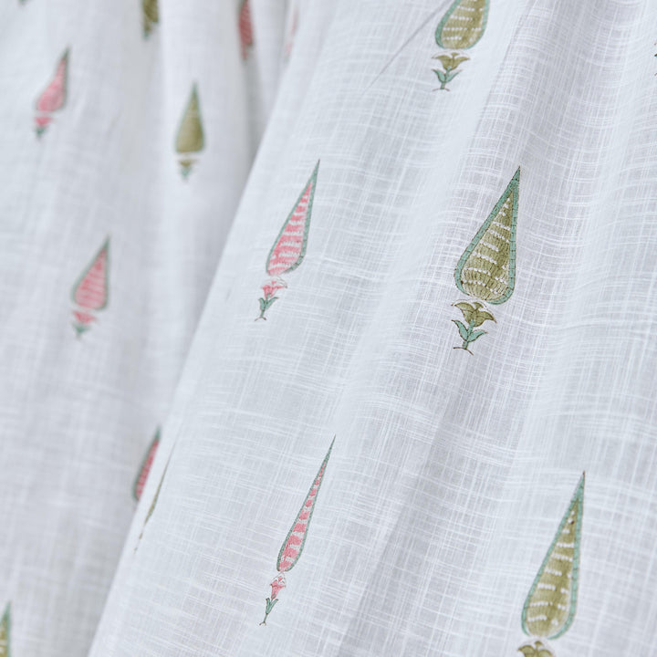 Pink &amp; Green Multi Tilak Blockprint Cotton Slub Curtain-Curtains-House of Ekam
