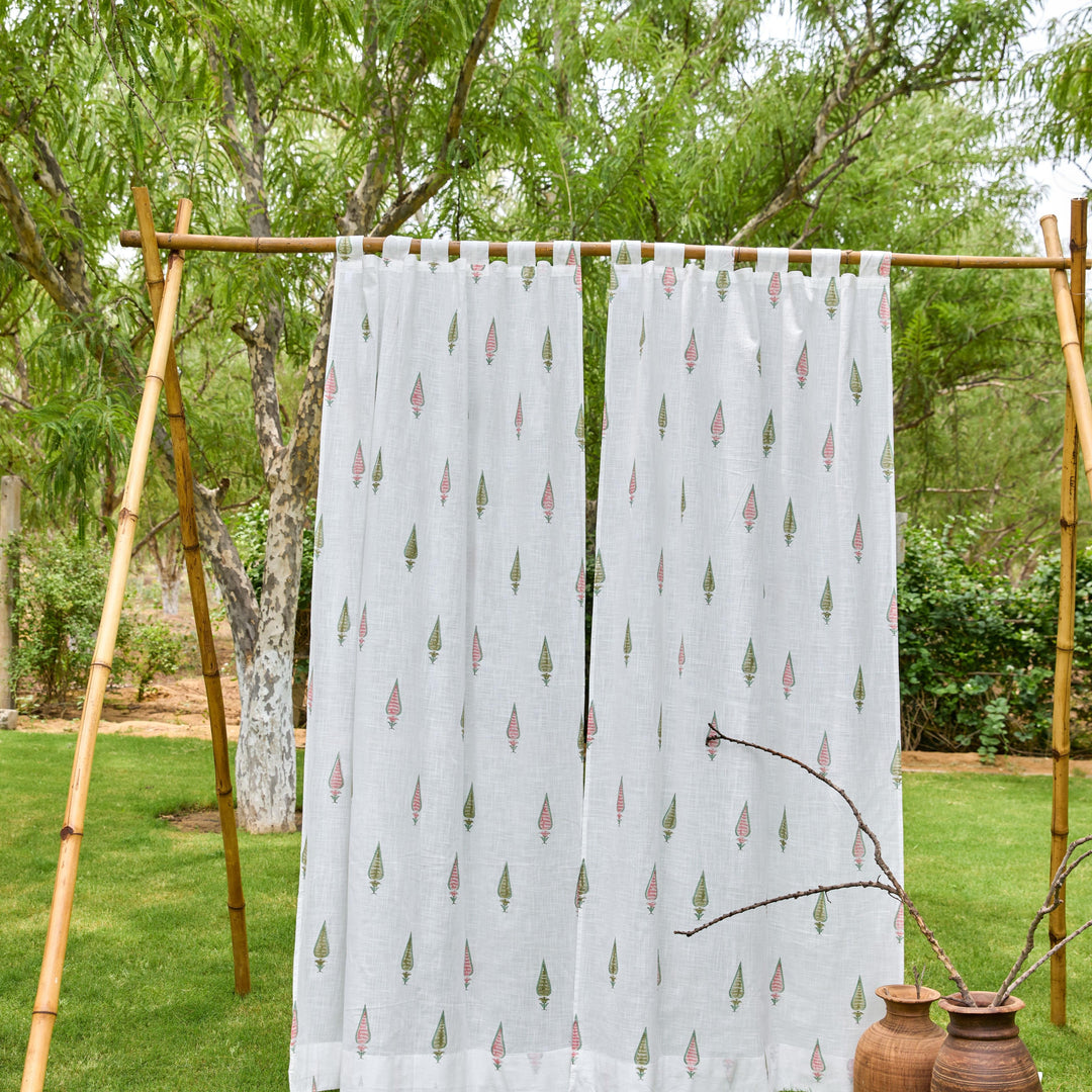 Pink &amp; Green Multi Tilak Blockprint Cotton Slub Curtain-Curtains-House of Ekam