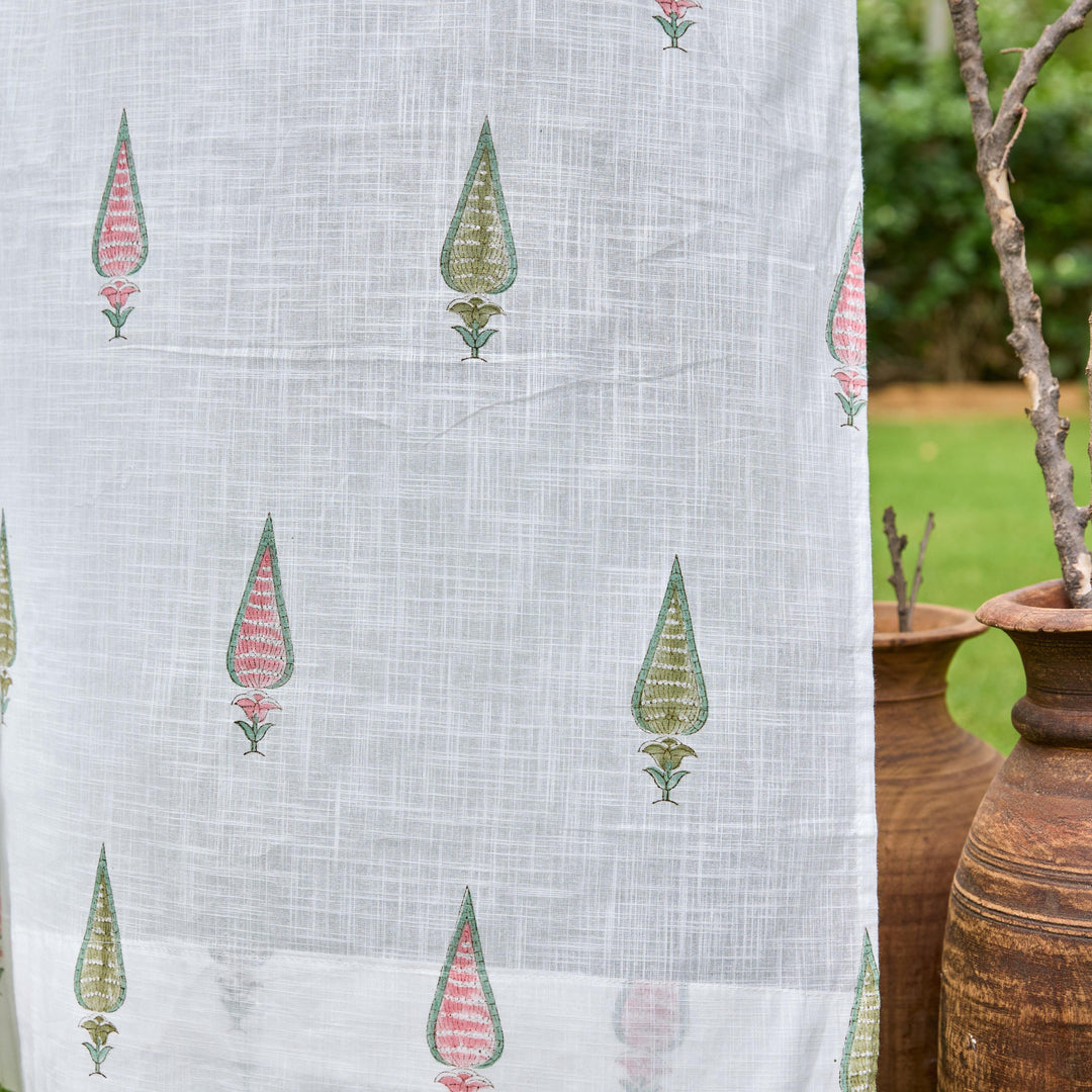 Pink &amp; Green Multi Tilak Blockprint Cotton Slub Curtain-Curtains-House of Ekam