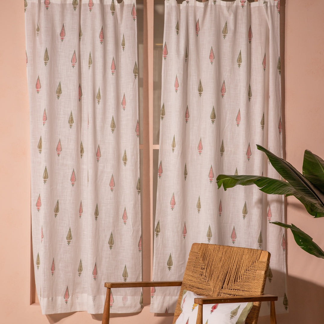 Pink &amp; Green Multi Tilak Blockprint Cotton Slub Curtain-Curtains-House of Ekam