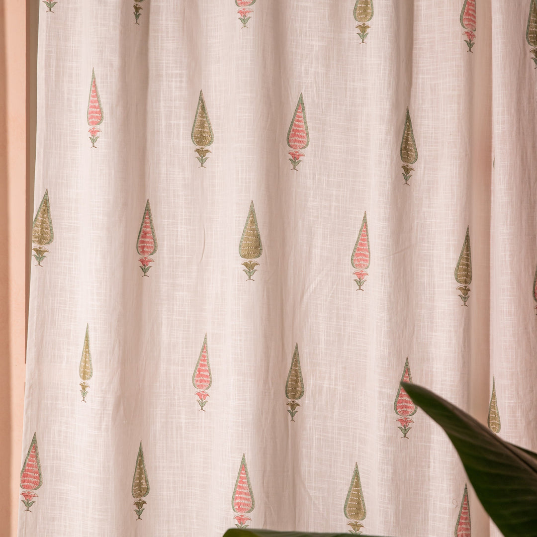 Pink &amp; Green Multi Tilak Blockprint Cotton Slub Curtain-Curtains-House of Ekam