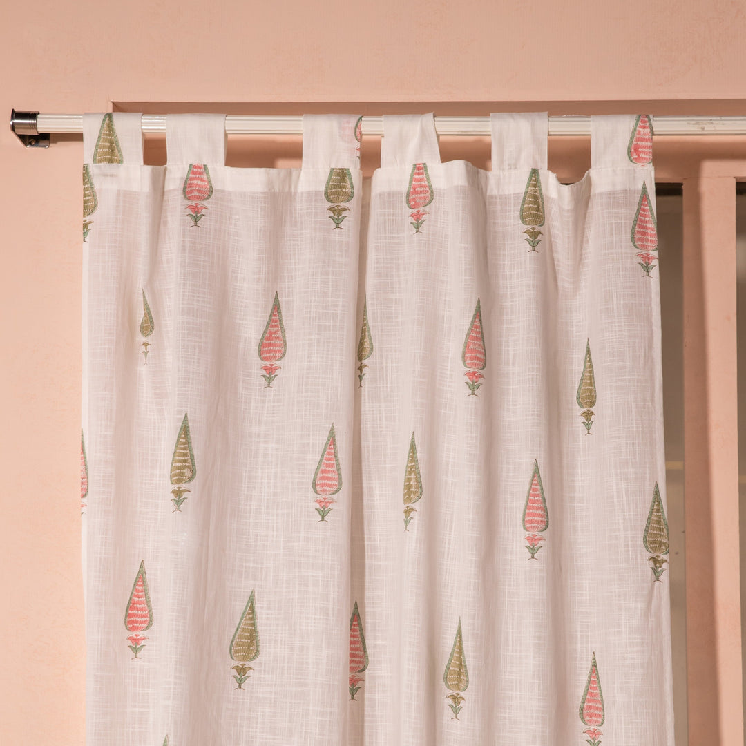 Pink &amp; Green Multi Tilak Blockprint Cotton Slub Curtain-Curtains-House of Ekam