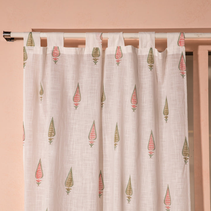 Pink &amp; Green Multi Tilak Blockprint Cotton Slub Curtain-Curtains-House of Ekam