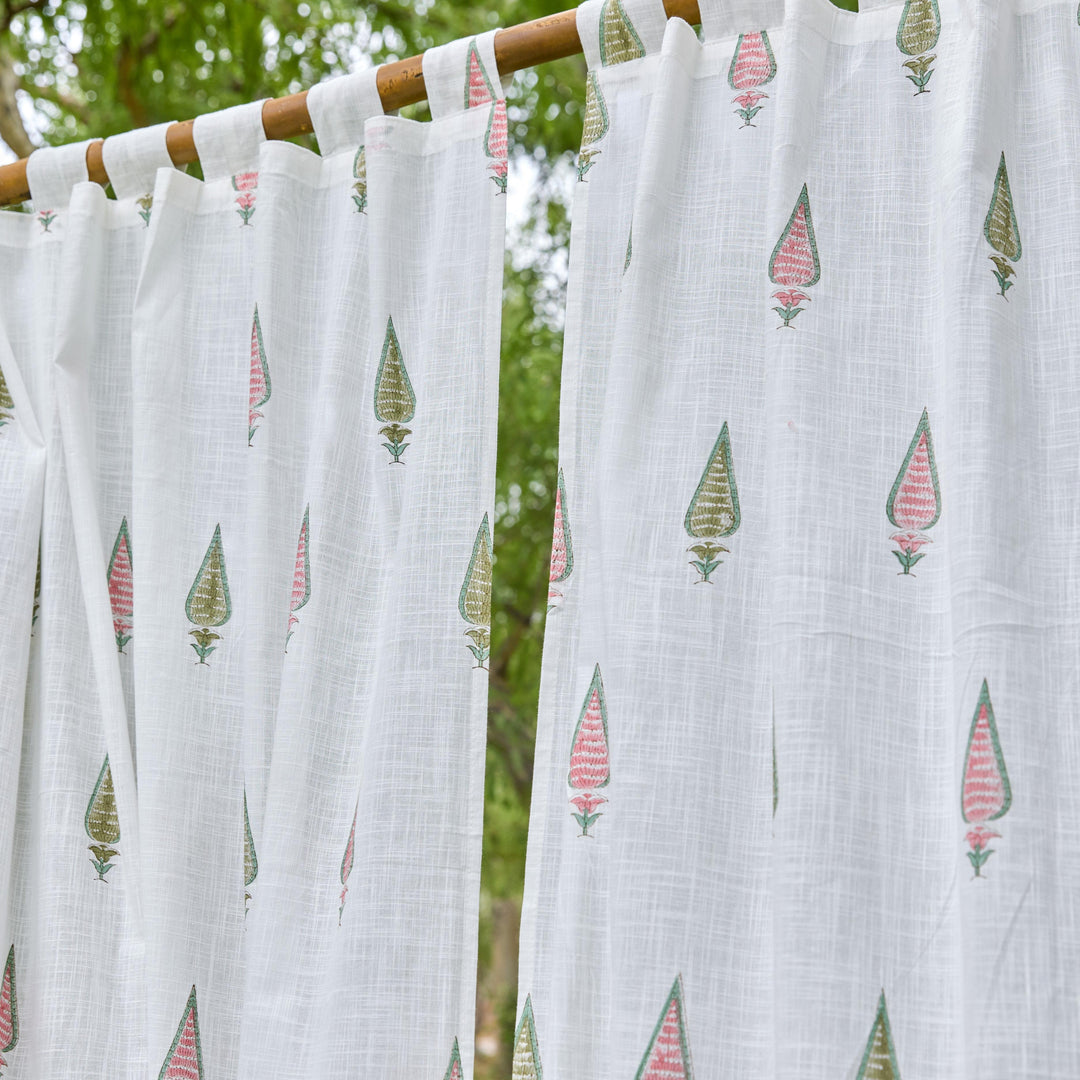 Pink &amp; Green Multi Tilak Blockprint Cotton Slub Curtain-Curtains-House of Ekam