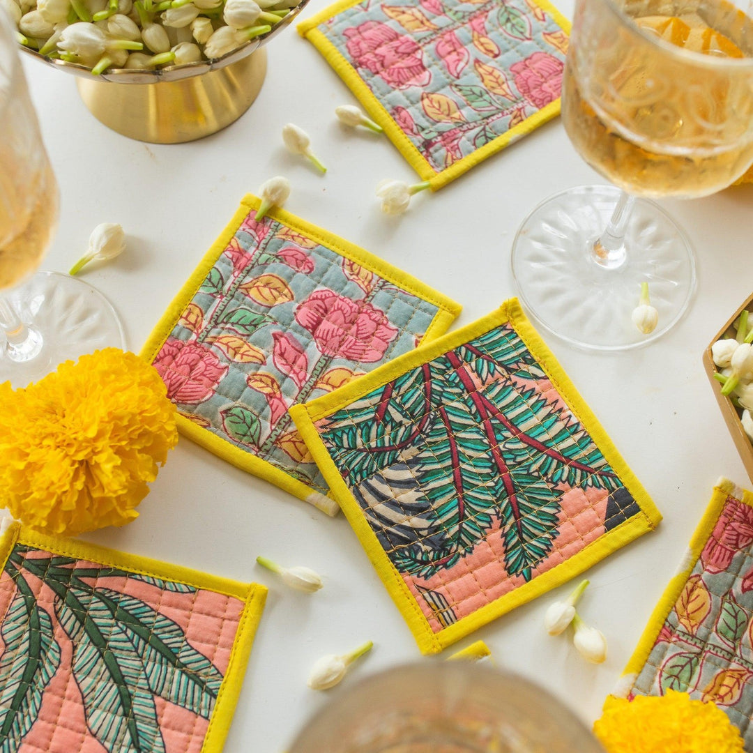 Pink &amp; Green Reversible Coaster Set of 6-Coasters-House of Ekam