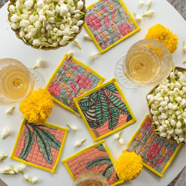 Pink &amp; Green Reversible Coaster Set of 6-Coasters-House of Ekam