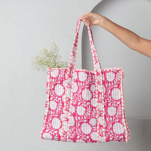 Pink Leela Blockprinted Tote Bag-Tote Bag-House of Ekam