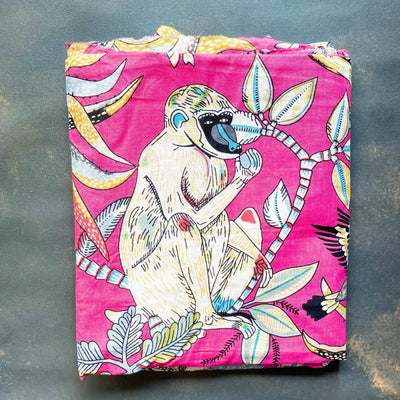Pink Monkey Floral Paradise Screenprint Cotton Fabric-fabric-House of Ekam