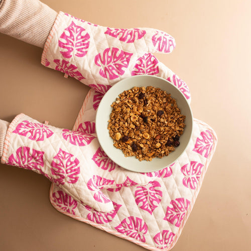 Pink Monstera Oven Mitts Set of 2-oven mitts-House of Ekam