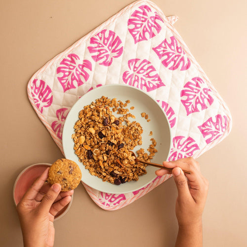 Pink Monstera Oven Mitts and Pot Holder Set-pot holders-House of Ekam