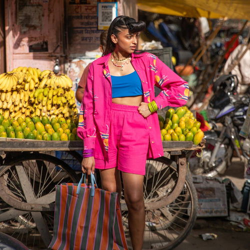 Pink Nimbu Mirchi Cotton Shirt-Shirts-House of Ekam