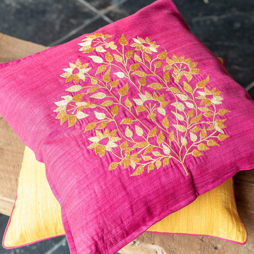Pink Oleander Gold Zari Embroidery Matka Silk Cushion Cover-Cushion Covers-House of Ekam