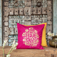 Pink Oleander Gold Zari Embroidery Matka Silk Cushion Cover-Cushion Covers-House of Ekam