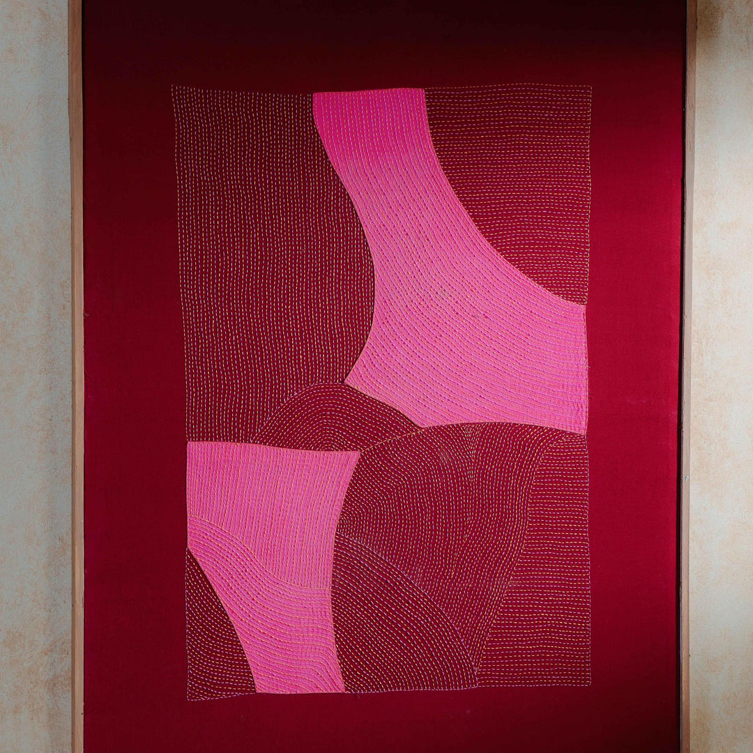 Pink Patch Abstract Hand Embroidery Wall Art-Framed Wall Art-House of Ekam