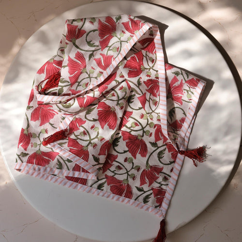 Pink Poppy Blockprint Cotton Tea Towel cum Dinner Napkin-Tea Towels-House of Ekam