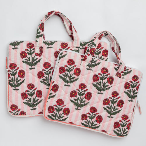 Pink Poppy Laptop Sleeve with Handle-Laptop Sleeves-House of Ekam