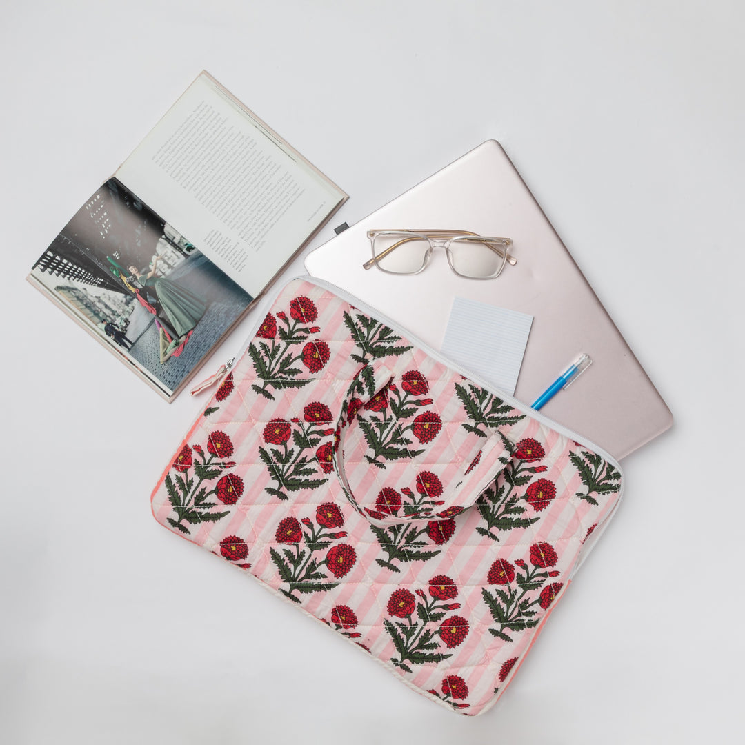Pink Poppy Laptop Sleeve with Handle-Laptop Sleeves-House of Ekam