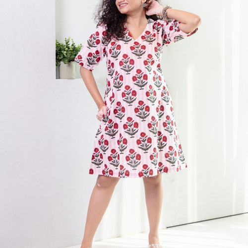 Pink Poppy Stripe Screenprinted Cotton Dress-Dresses-House of Ekam