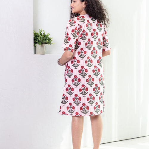 Pink Poppy Stripe Screenprinted Cotton Dress-Dresses-House of Ekam