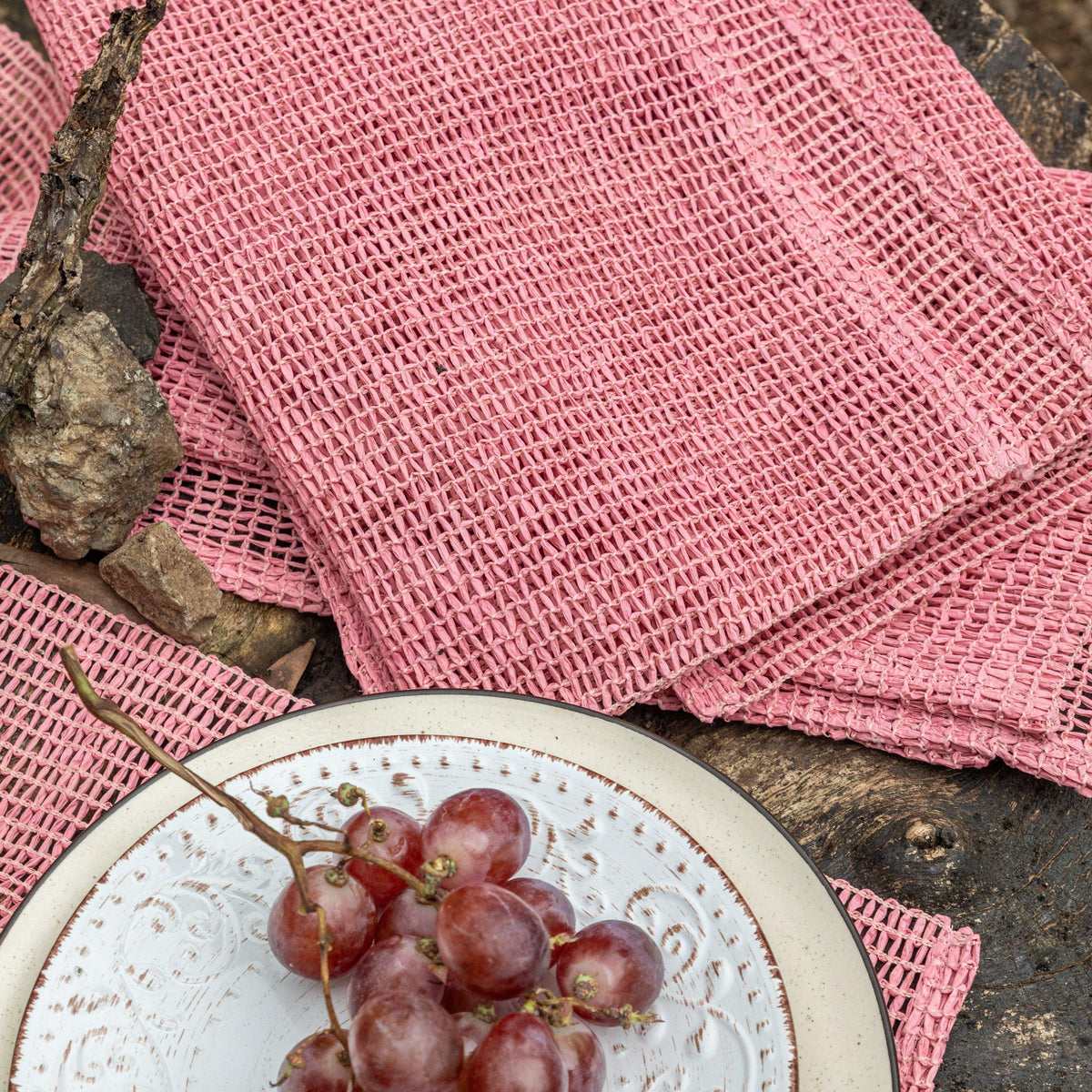 Pink Raffia Natural Table Linen Set-Table Runners-House of Ekam
